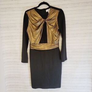 BELLE BY BADGLEY MISCHKA BLACK & GOLD RUCHED COCKTAIL DRESS sz 8